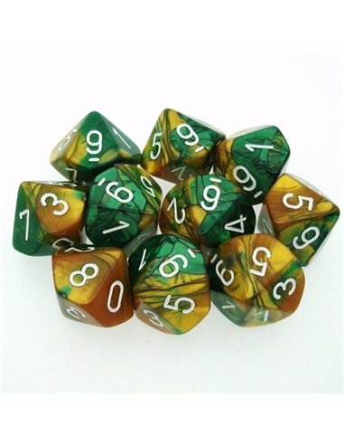 Gemini Polyhedral Gold-Green w/white Set of Ten d10's