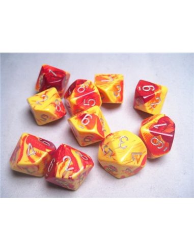 Chessex Gemini Polyhedral Red-Yellow w/silver  Set of Ten d10's