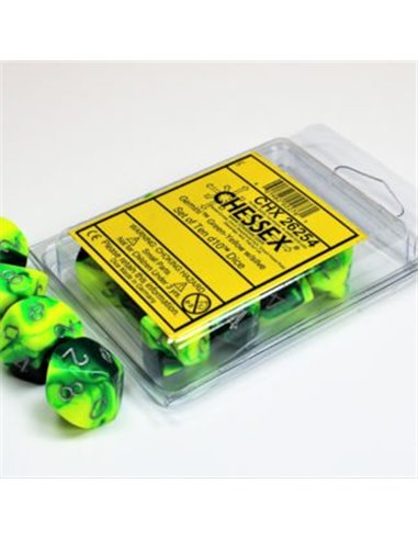 Chessex Gemini Polyhedral Green-Yellow w/silver Set of Ten d10's