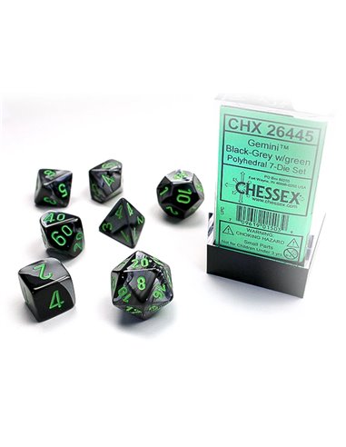 Chessex Gemini Polyhedral Black-Grey w/green  7-Die Set