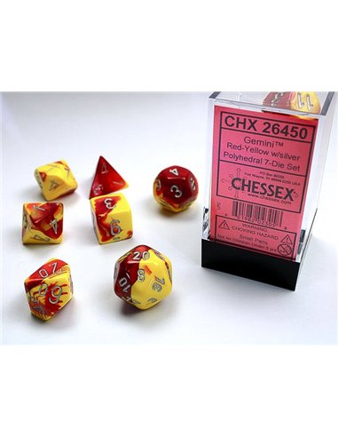 Chessex Gemini Polyhedral Red-Yellow w/silver  7 Die Set