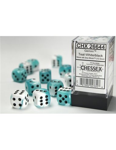 Chessex Gemini 16mm d6 White-Teal w/black  Dice Block (12 dice)