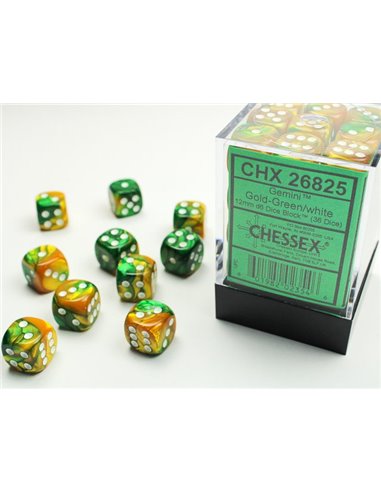 Chessex Gemini 12mm d6 Gold-Green w/white Dice Block (36 dice)