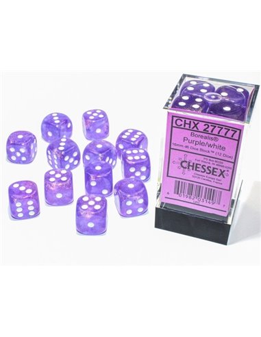 Chessex Borealis 16mm d6 Purple/white Luminary Dice Block (12 dice)