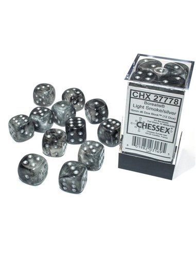 Chessex Borealis 16mm d6 Light Smoke/silver Luminary Dice Block (12 dice)