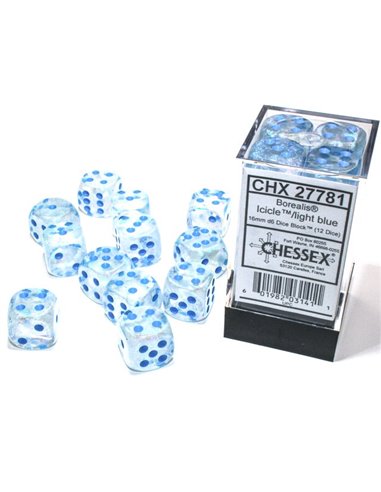 Chessex Borealis 16mm d6 Icicle/light blue Luminary Dice Block (12 dice)