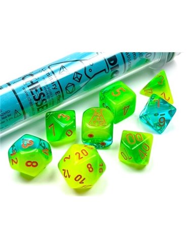 Chessex Gemini Polyhedral Plasma Green-Teal/orange LuminaryTM 7-Die Set 