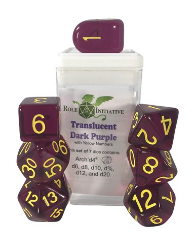 Polyhydral Diceset - 7 Dice: Translucent Dark Purple With Gold Numbers
