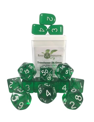 Polyhydral Diceset - 15 Dice: Translucent Dark Green With White Numbers