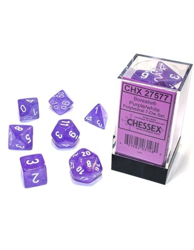 Borealis purple/white polyhedral 7-die set