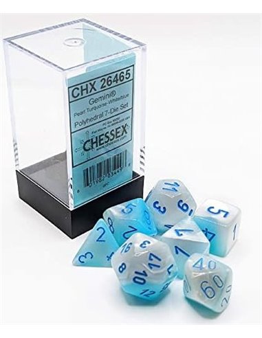 Gemini pearl turquoise-white/blue polyhedral 7-die set
