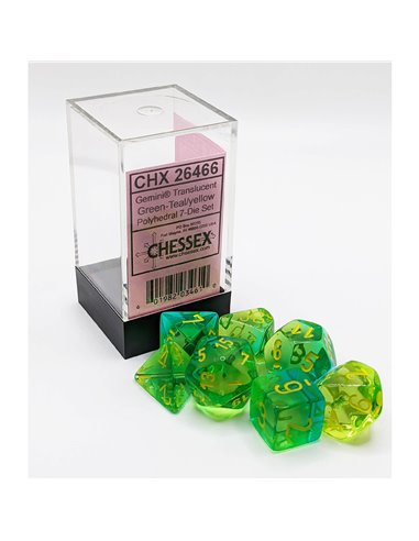 Gemini translucent green-yellow polyhedral 7-die set
