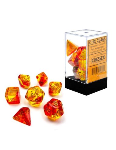 Gemini translucent red-yellow/gold polyhedral 7-die set
