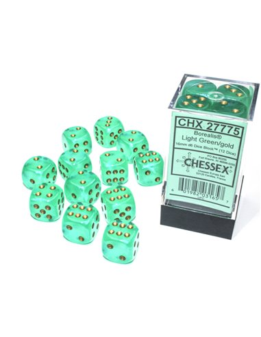 Borealis light green/gold 16mm d6 dice block (12 dice)