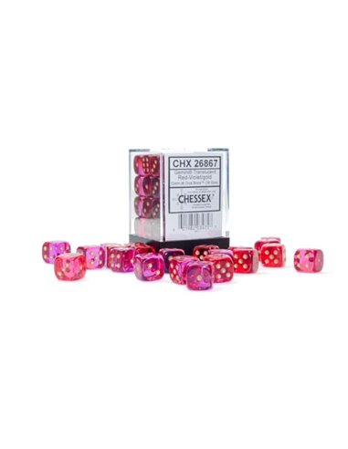 Translucent Gemini red-violet/gold 12 mm d6 dice block (36 dice)