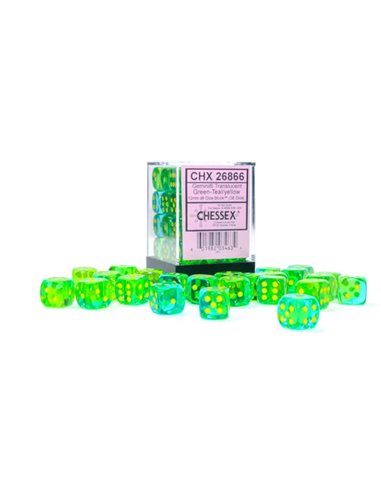 Translucent Gemini green-teal/yellow 12mm d6 dice block (36 dice)