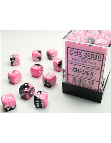 Gemini black-pink/white 12mm d6 dice block (36 dice)