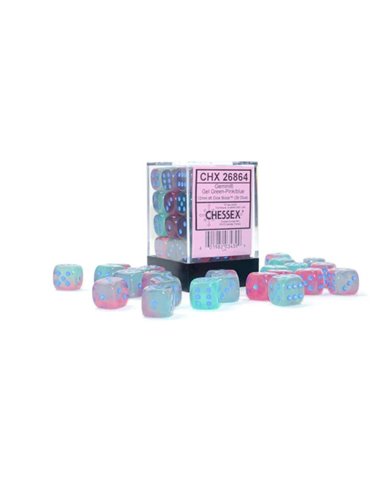 Gemini gel green-pink/blue 12mm d6 dice block (36 dice)