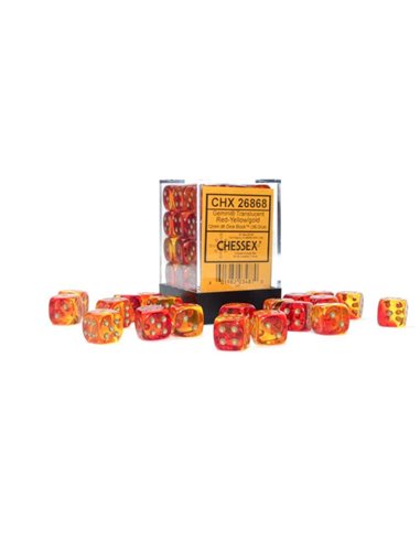 Translucent Gemini red-yellow/gold 12mm d6 dice block (36 dice)
